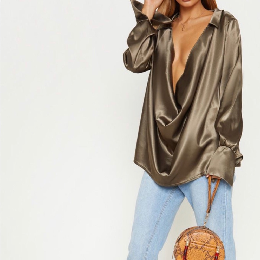 PrettyLittleThing- Khaki Satin Cowl Neck Blouse